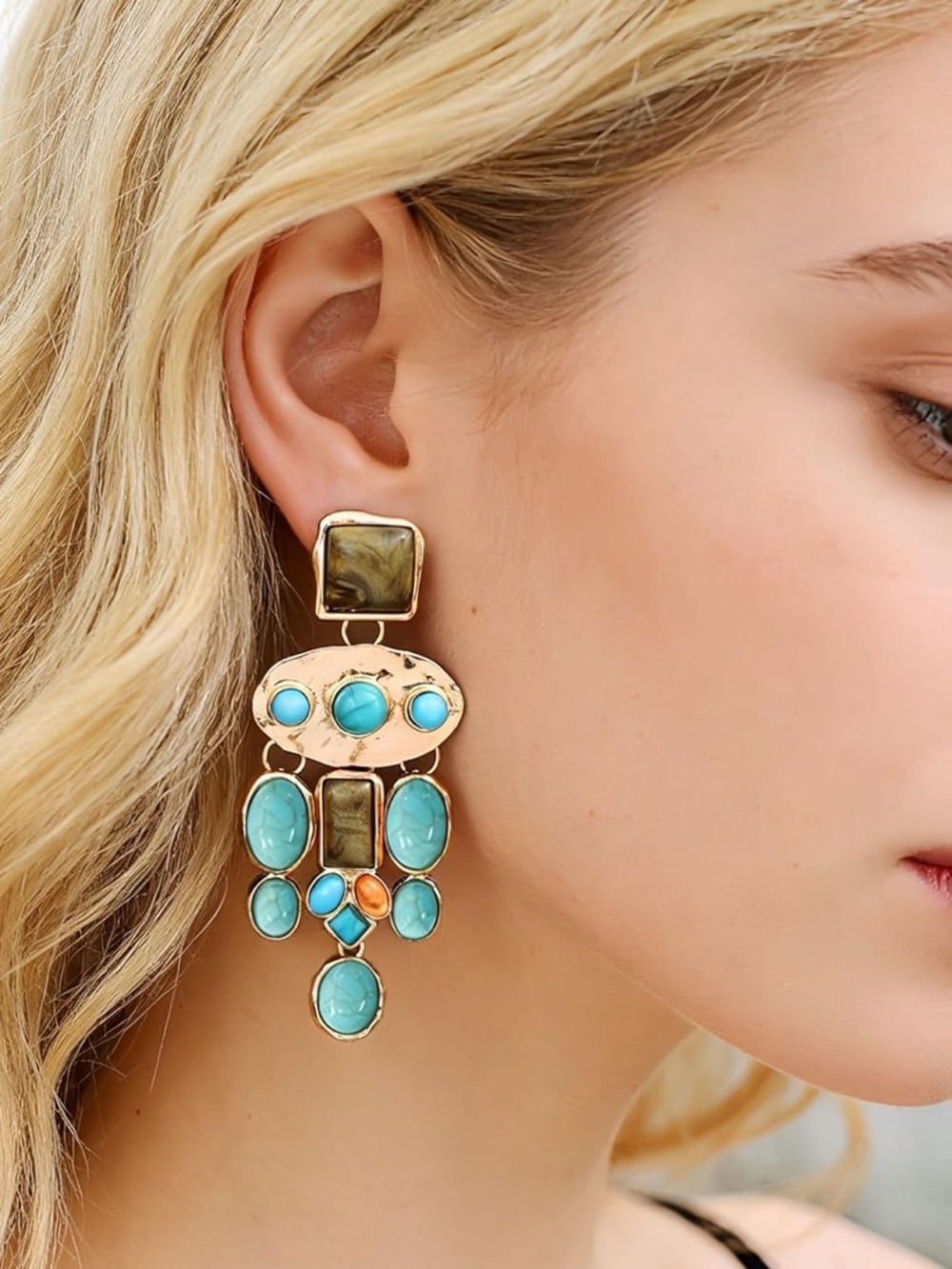 Vintage Boho Gold Turquoise Statement Drop Earrings